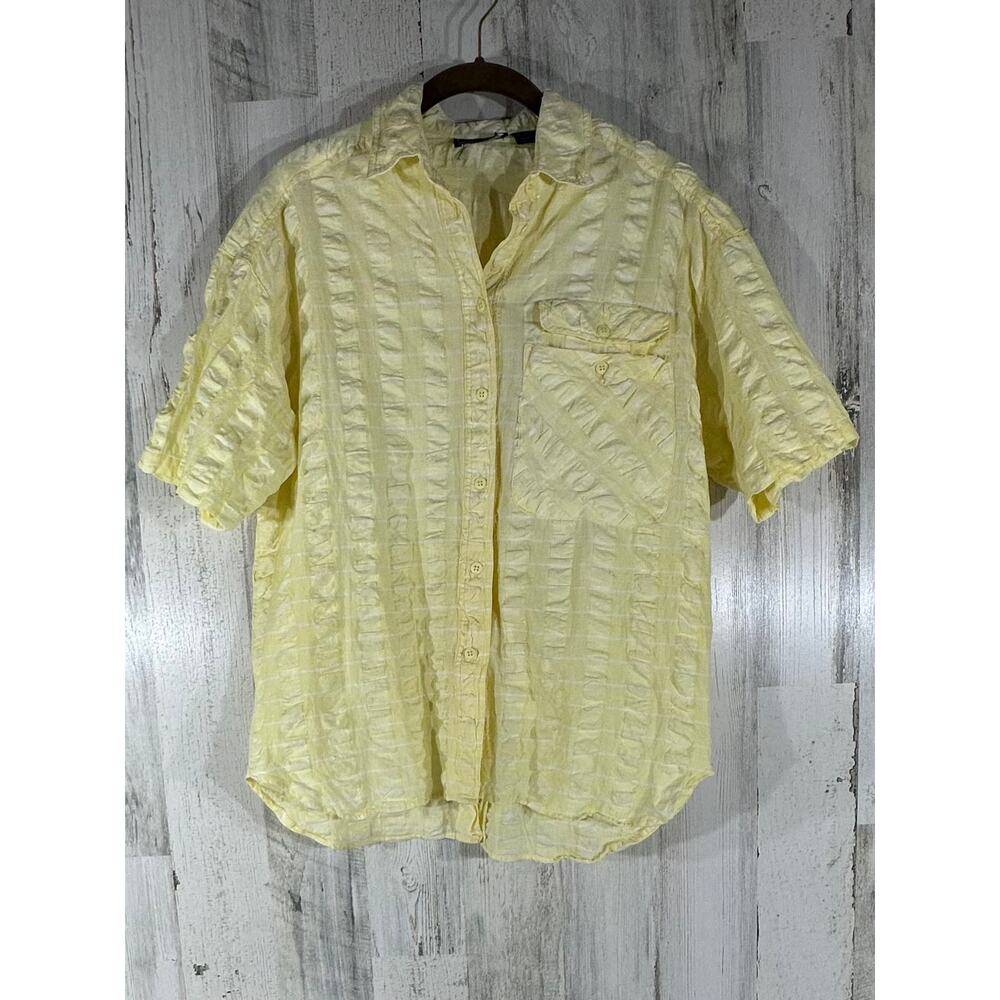 Just Class Womens Vintage Button Up Medium Yellow‎ Plaid Seersucker Back Buttons